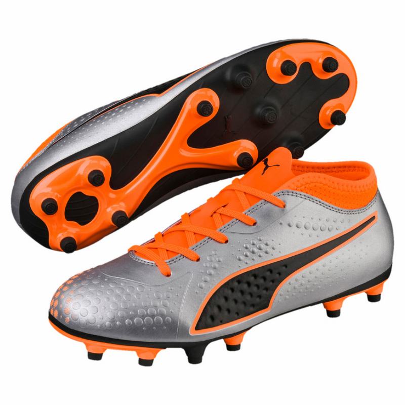 Chaussure de Foot Puma One 4 Synthetic Fg Garcon Argent/Orange/Noir Soldes 859GUBJZ
